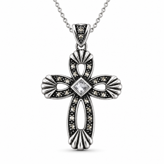 Vintage Openwork Marcasite Cross Pendant Necklace For Men Women, Copper Plated Silver Square Clear CZ Antique Religious Faith Biker Jewelry Gift