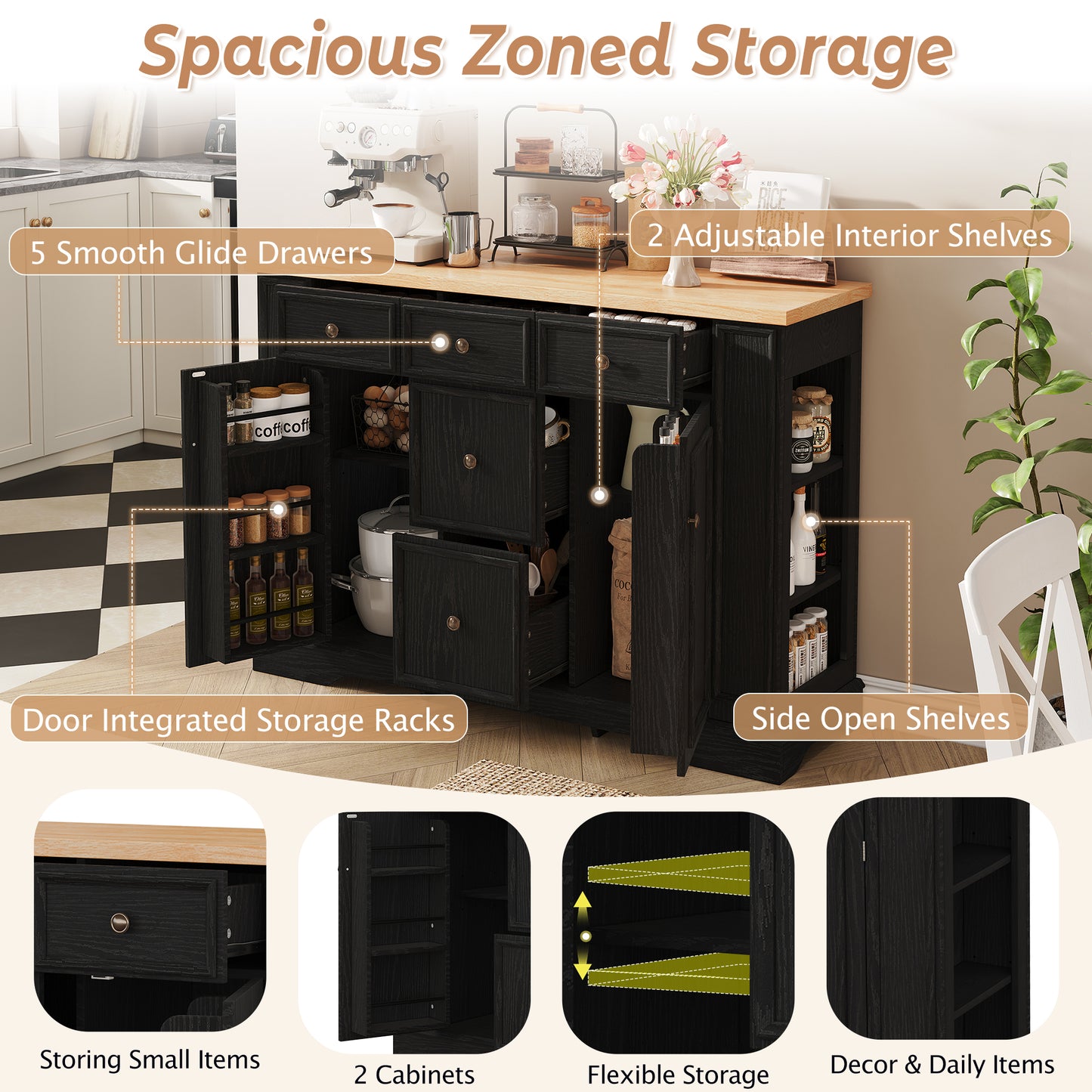 TREXM Sideboard Buffet Cabinet With Storage, Kitchen Console Table With 5 Drawers, 2 Cabinets, Adjustable Shelves, Buffet Server For Dining Room, Living Room, Entryway  Black