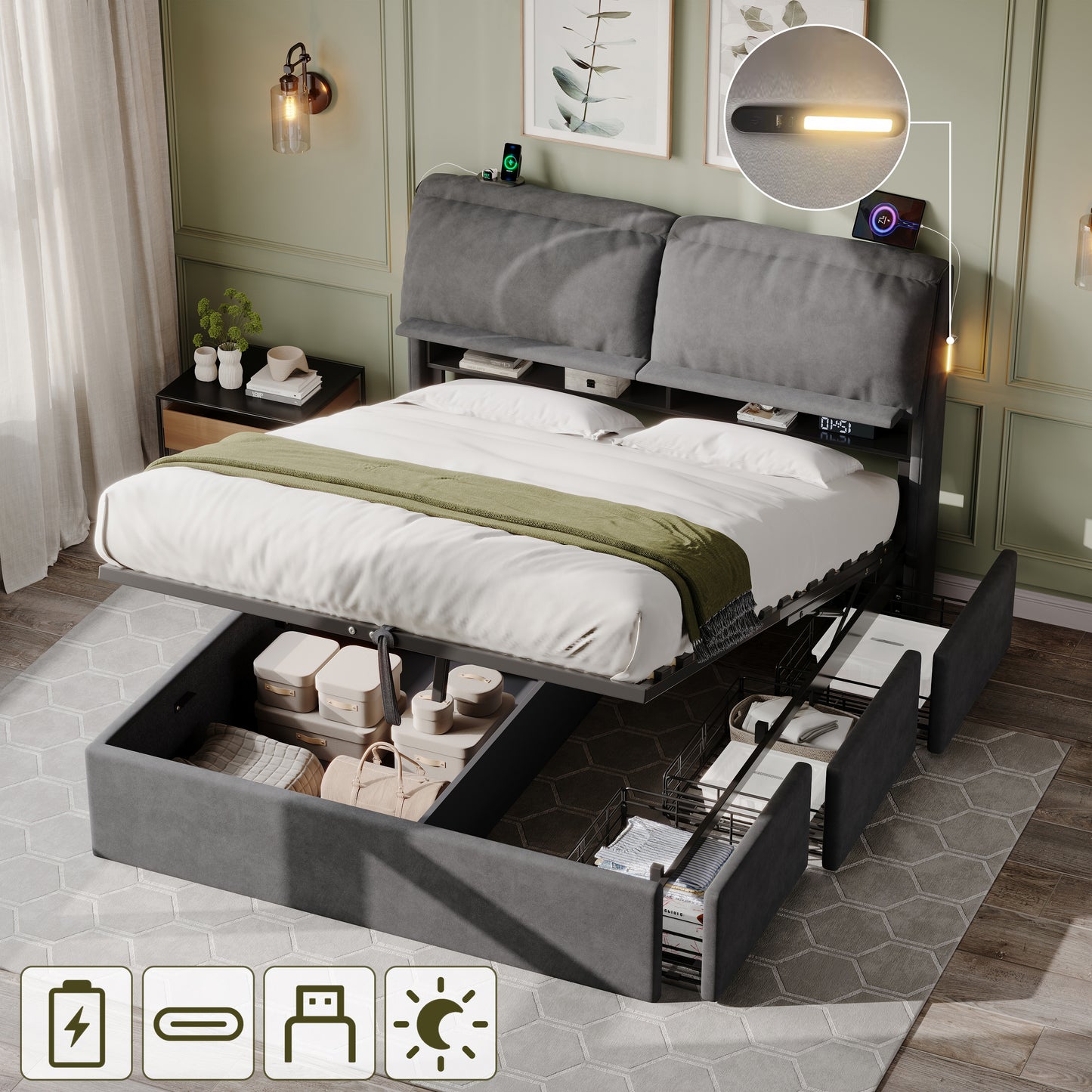 5ft King Bed With Hydraulic Storage, Velvet Upholstered Bed With Headboard Flip-top Storage And Drawers, Back Cushion Headboard With Charging Station And LED Night Light, Grey  No Mattress