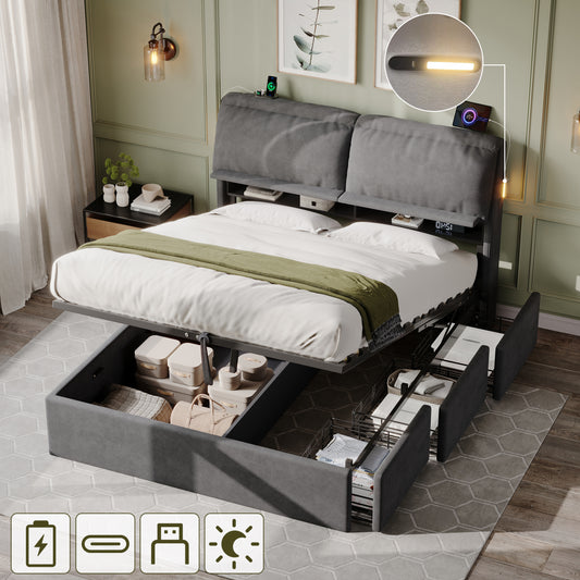 5ft King Bed With Hydraulic Storage, Velvet Upholstered Bed With Headboard Flip-top Storage And Drawers, Back Cushion Headboard With Charging Station And LED Night Light, Grey  No Mattress