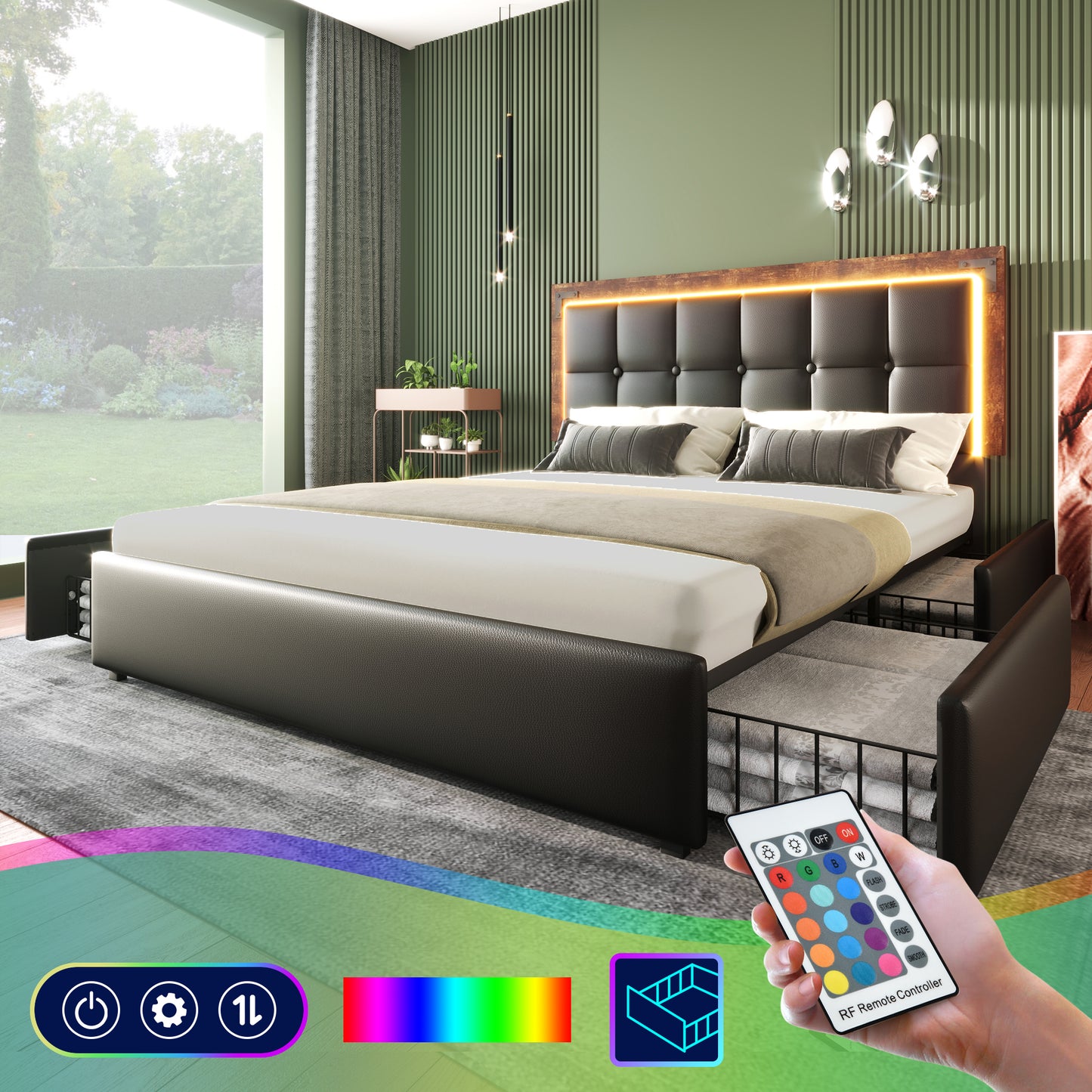Bed Frame With LED Lighting Strip And 4 Drawers, Double Bed Upholstered Bed 160x200cm, Height-adjustable Headboard, Functional Bed, PU Black  Without Mattress