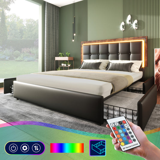 Bed Frame With LED Lighting Strip And 4 Drawers, Double Bed Upholstered Bed 140x200cm, Height-adjustable Headboard, Functional Bed, PU Black  Without Mattress