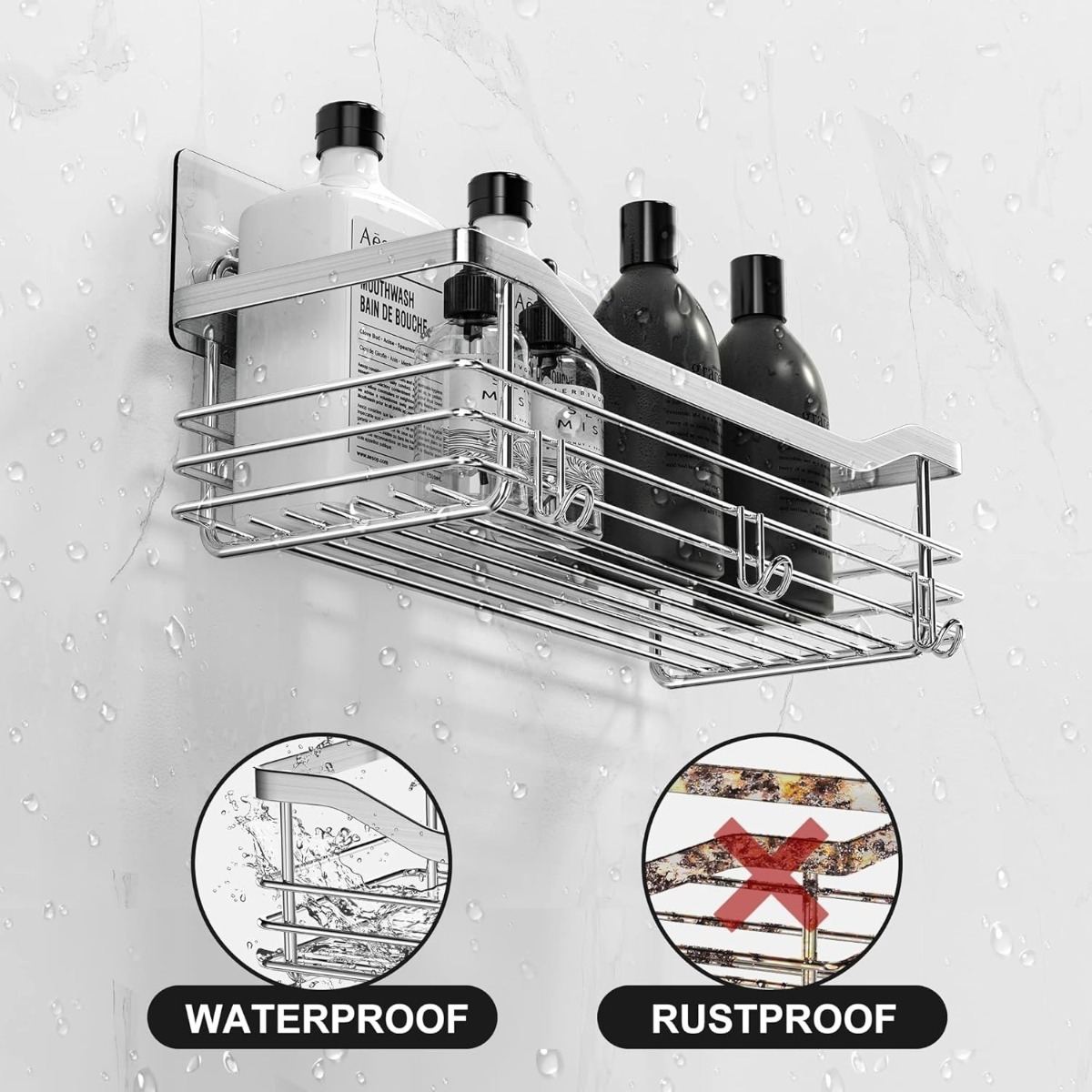 Shower Shelf With 5 Hooks; Shower Baskets For Bathroom, Kitchen, And Toilet; 2-Piece Shower Shelf Set (No Drilling Required); Stainless Steel