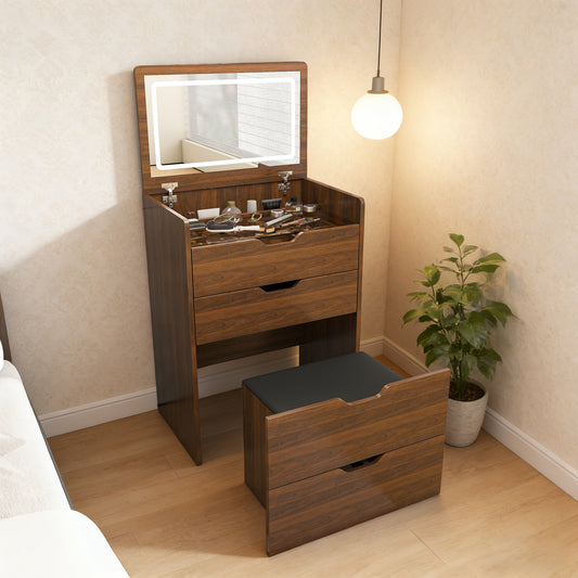 3-in-1 Vanity Desk With Lighted Mirror & Stool, Flip Top Makeup Dressing Table, Compact Storage For Bedroom, Bathroom, Dressing Room 23.62L, Walnut