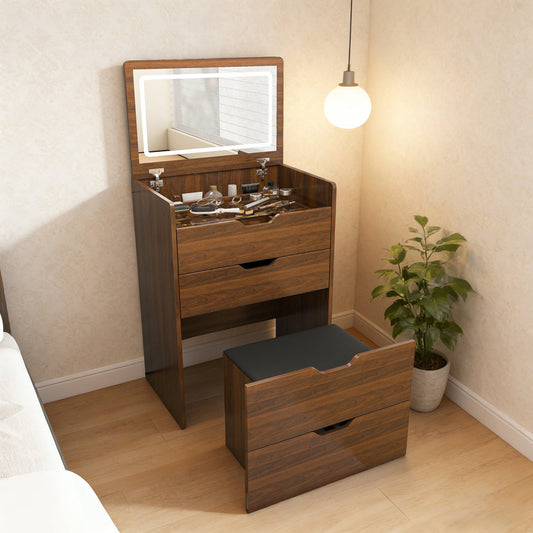 3-in-1 Vanity Desk With Lighted Mirror & Stool, Flip Top Makeup Dressing Table, Compact Storage For Bedroom, Bathroom, Dressing Room 23.62L, Walnut