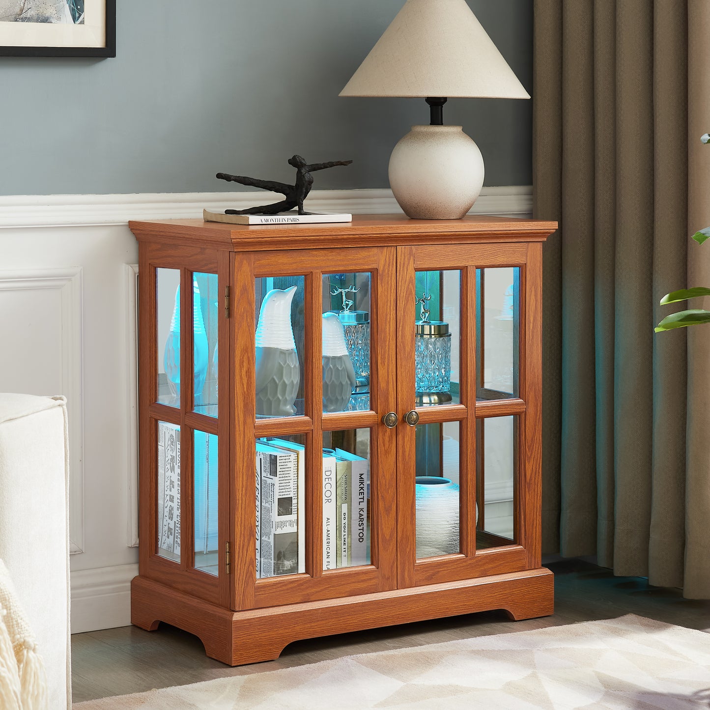 LED Curio Display Cabinet,Antique Display Cabinet With Adjustable Shelves,Retro Design Quality Showcase With Lattice Doors Elegant Bookcase And Storage Cabinet For Home Decor And Organization DARK OAK