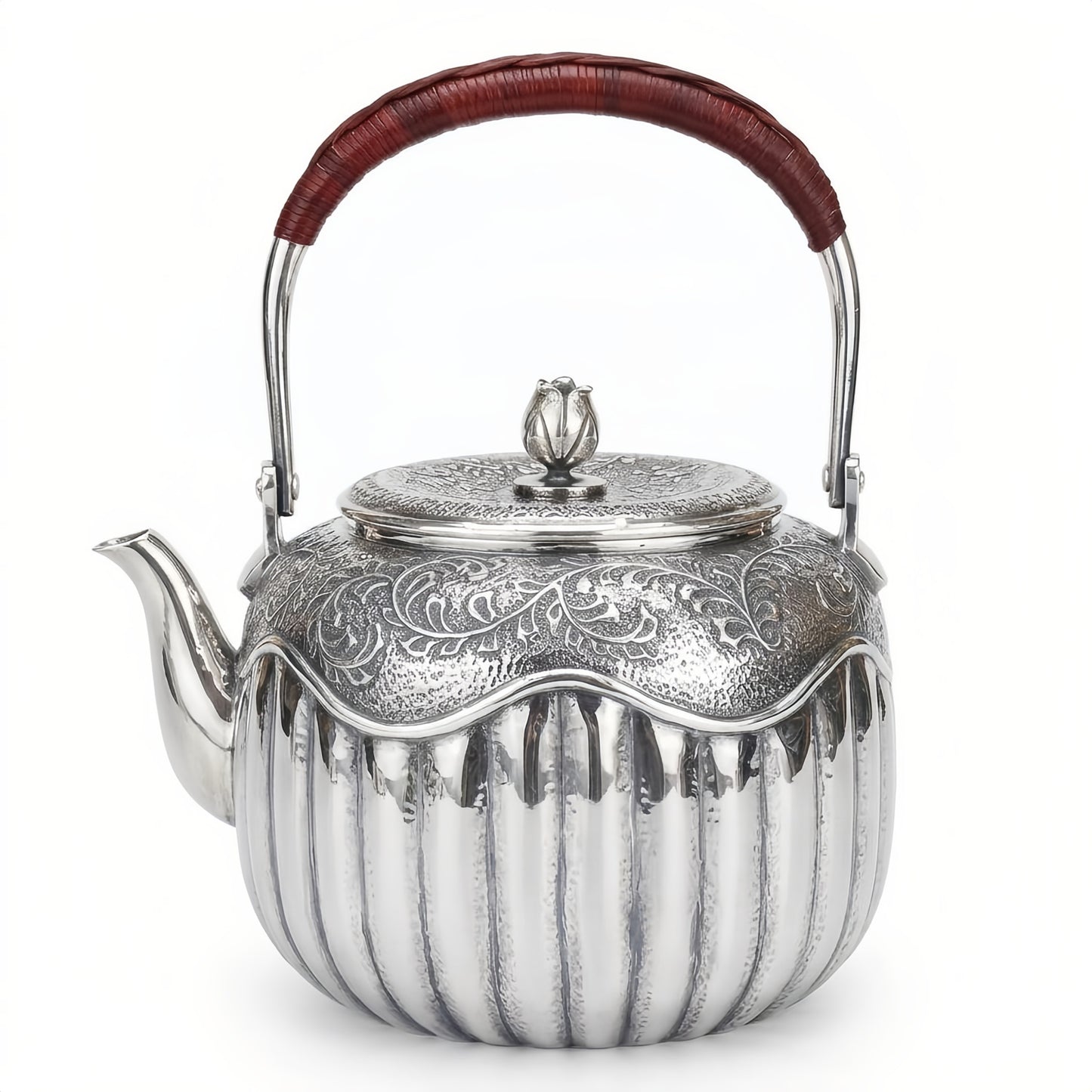 925 Sterling Silver Ornate Hand-Engraved Silver Teapot with Ribbed Body and Rattan Handle - Handicraft