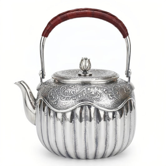 925 Sterling Silver Ornate Hand-Engraved Silver Teapot with Ribbed Body and Rattan Handle - Handicraft