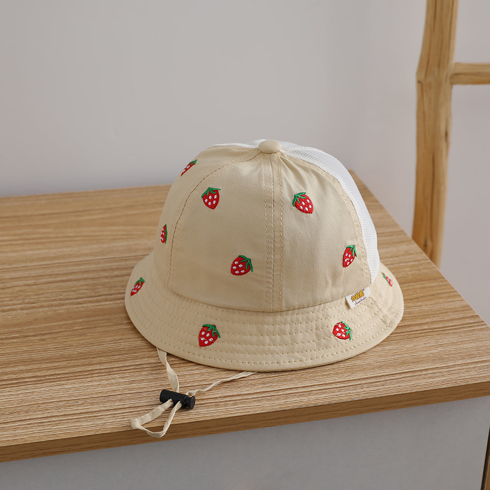 Single-color Strawberry Embroidery Adjustable Patchwork Netting Breathable And Cool Fashion Children's Fisherman Hat For Outdoor Travel And Play