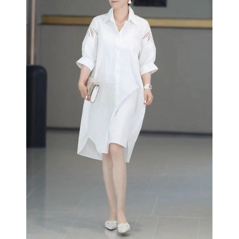 New White Lapel Blouse Dress Loose-fitting Mid-length Womens Skirt