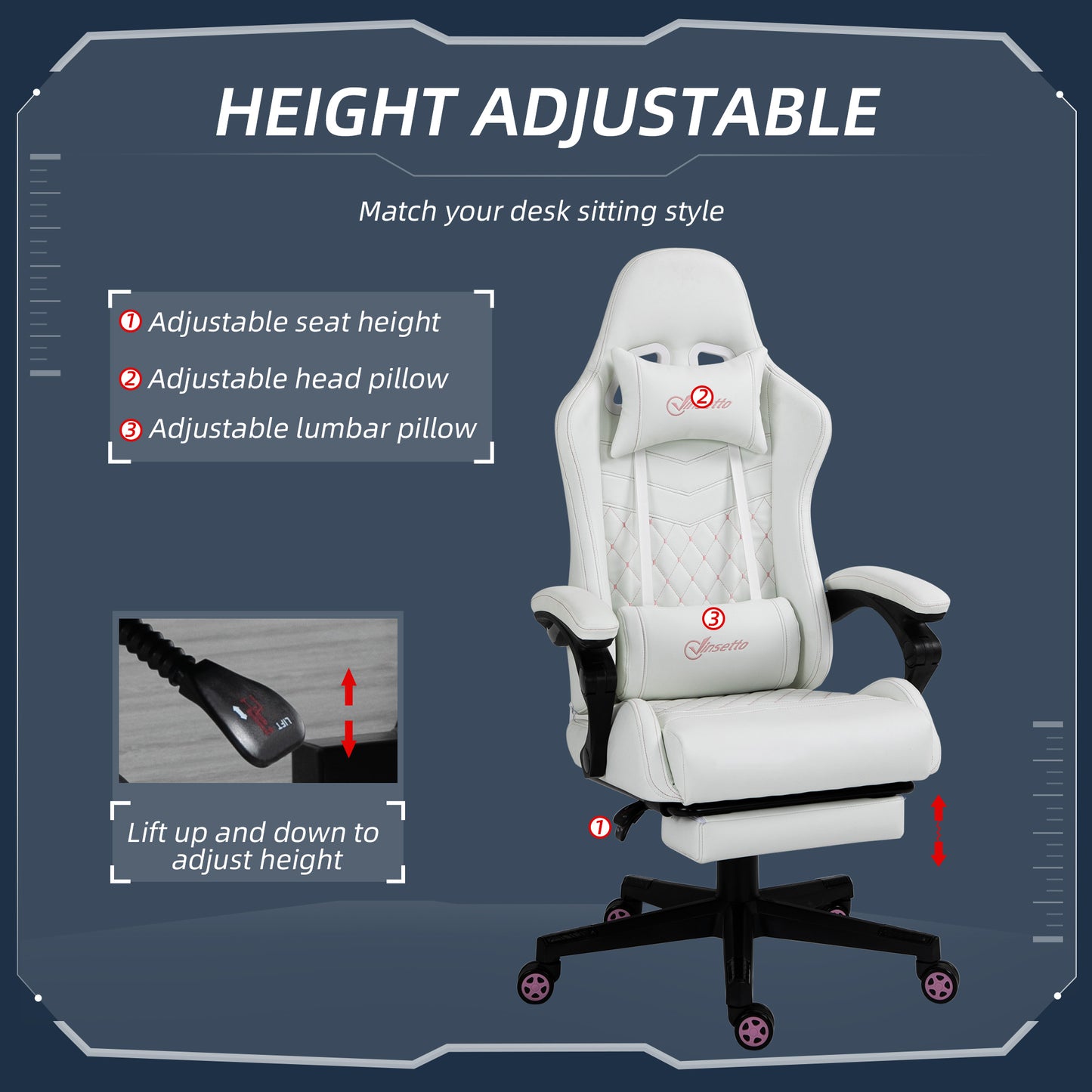 High Back PU Leather Gaming Chair, Racing Computer Chair with Swivel Wheels, Retractable Footrest, Headrest, Lumbar Support, and Armrest, White and Pink
