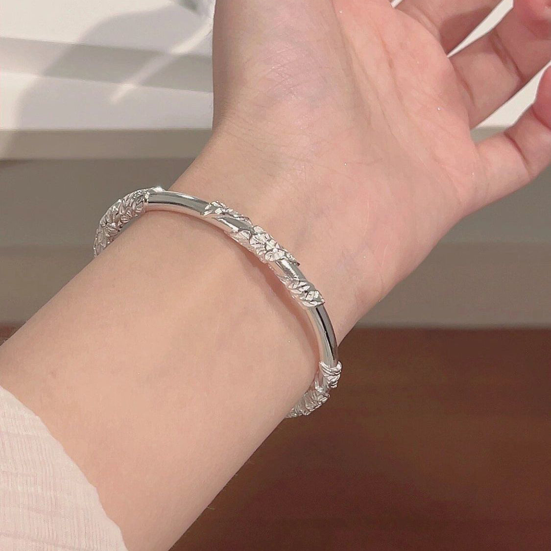 1pcs 925 Sterling Silver Floral Retractable Silver Bangle, Classic Retro Style, Ideal For Birthday & Holiday Gifts