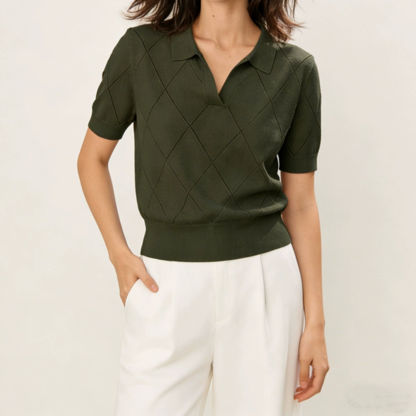 Women's Lightweight Summer Knitwear, Flared Collar Polo-Neck Short Sleeve Military Green Waist-Cinching Slim Fit Office-Ready Versatile Top