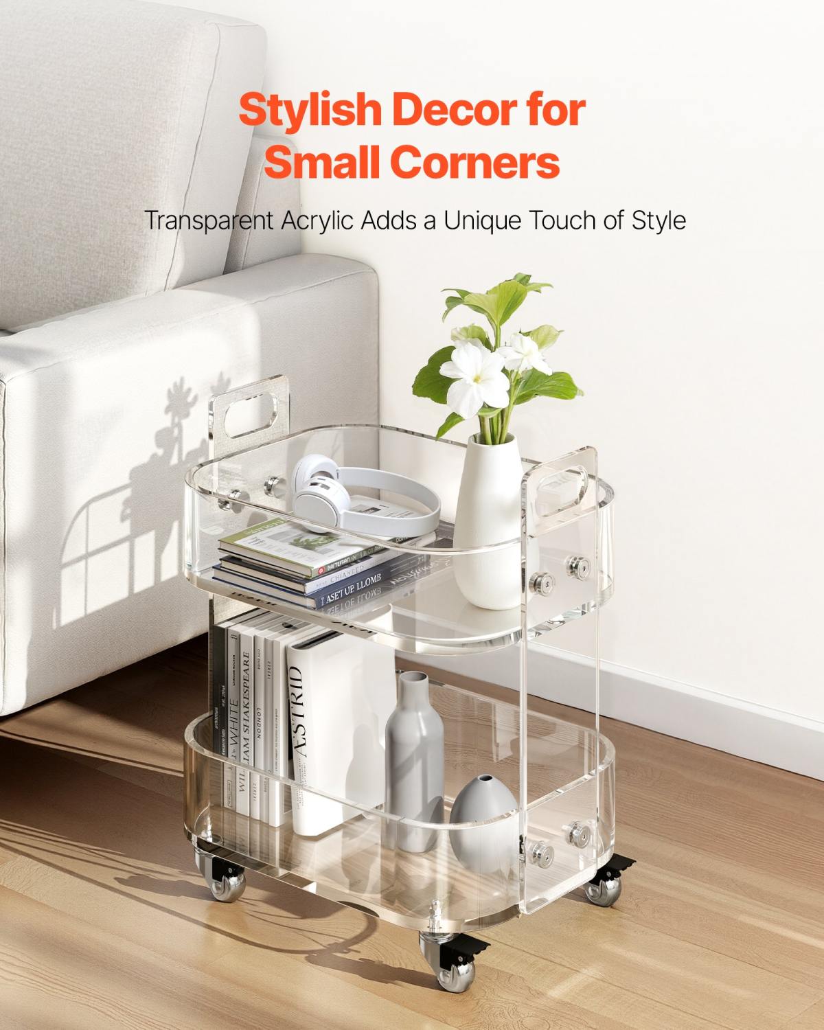Acrylic Table With Wheels, 2 Tiers Mobile Cart Table, Modern Rolling Acrylic Storage Desk, Clear Nightstand Side End Desk, For Living Room, Bedroom, Bar, Office, 12 X 16.3 X 18.9 In (Clear)