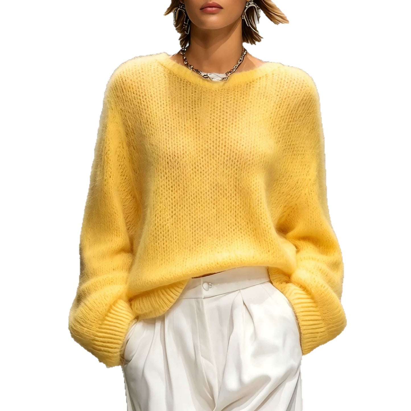 New Autumn Winter Relaxed-style Elegant Solid-color Crew-neck Loose-fit Womens Pullover