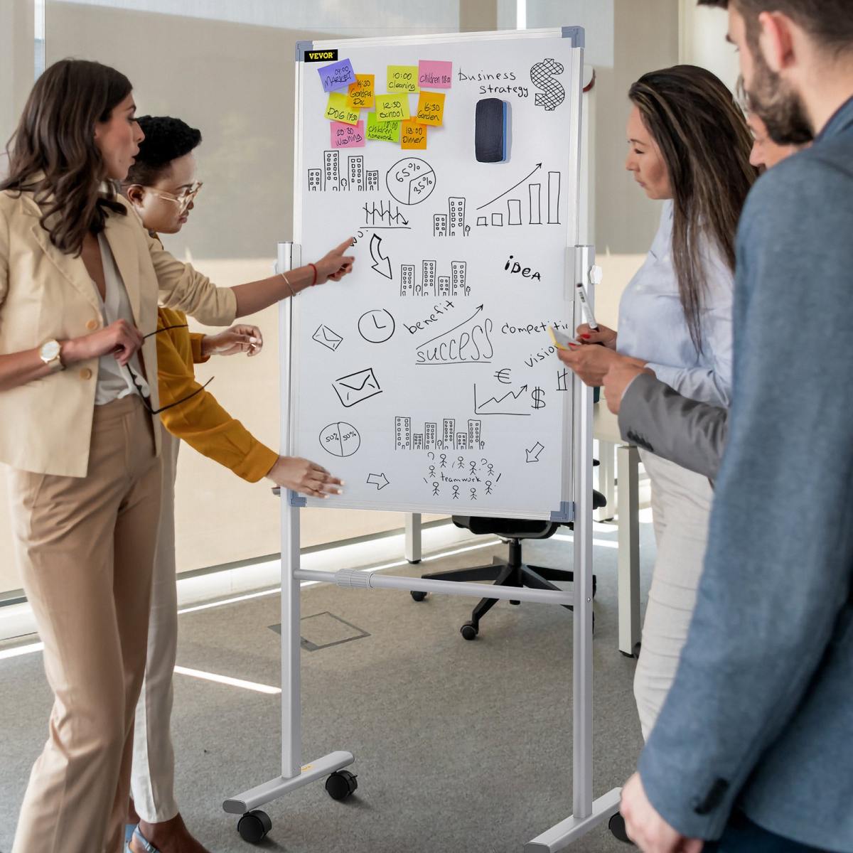 Mobile Magnetic Whiteboard, 36 X 24 Inch, Double Sided, 360 Degree Reversible Rolling Dry Erase Board, Height Adjustable With Aluminum Frame And Lockable Swivel Wheels, For Office School Home