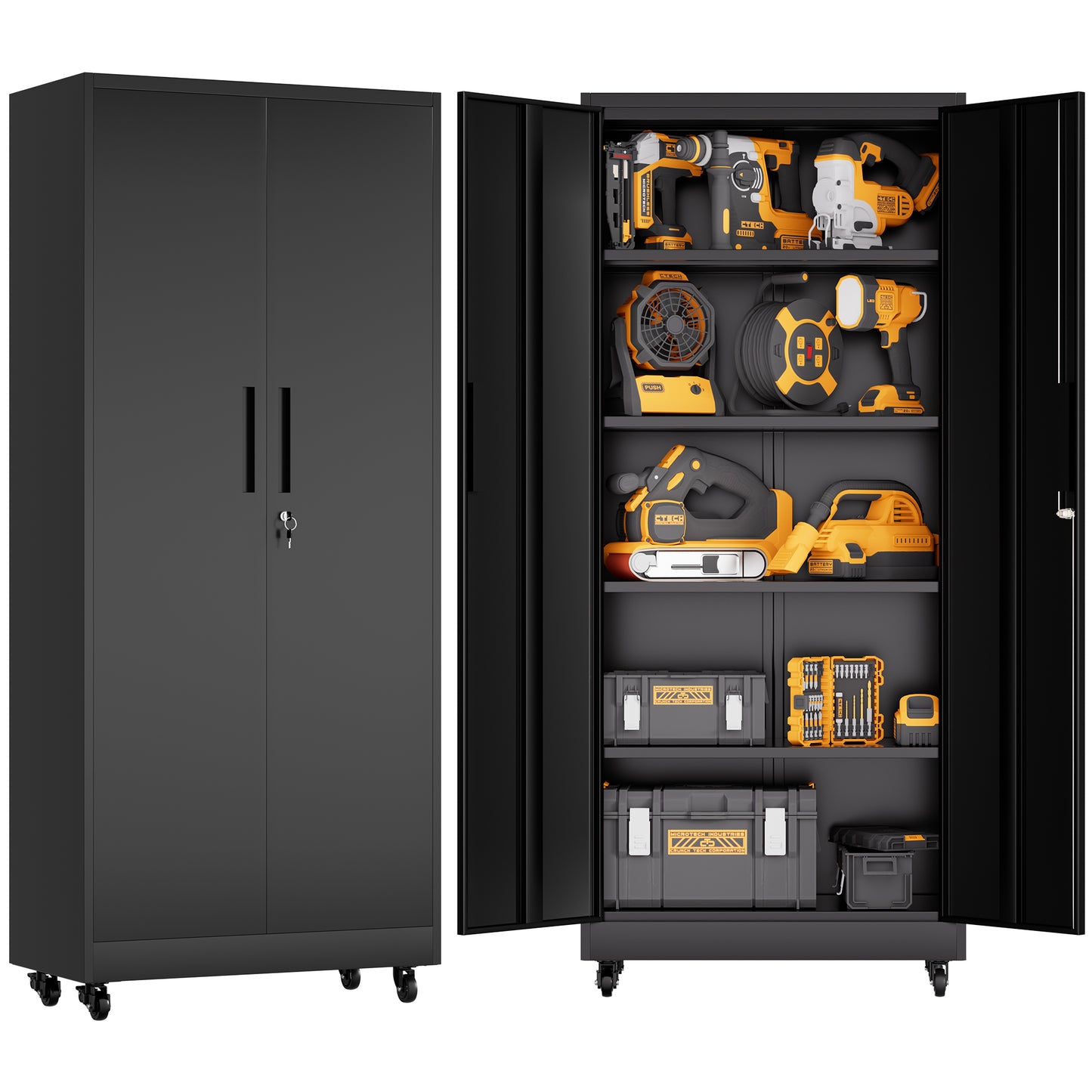 Garage Storage Cabinet With Wheels And Lock, 71 Inch Heavy Duty Rolling Metal Cabinet, 4 Adjustable Shelves  180lb Each , 3-Point Locking Security, For Tool Organization In Garage, Workshop, Office