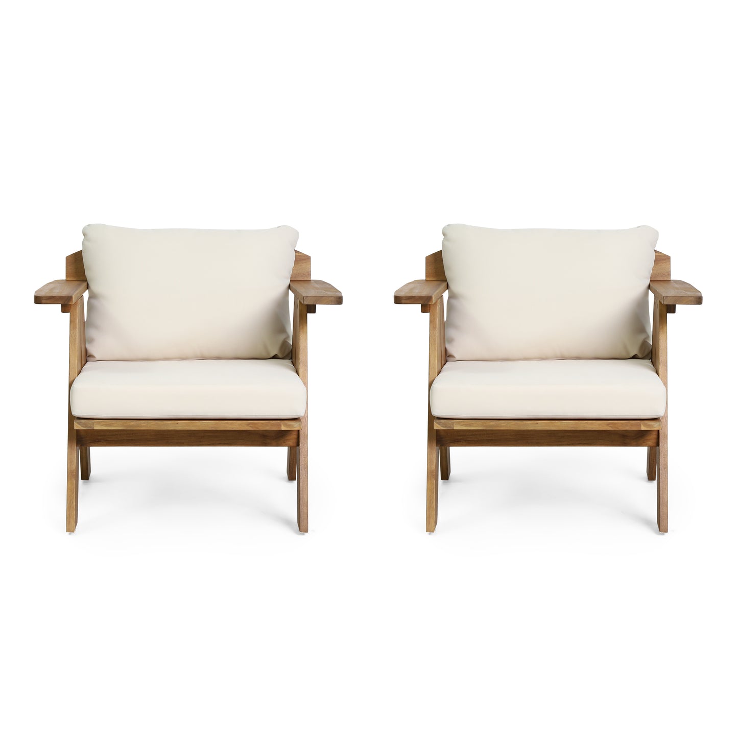Outdoor Acacia Wood Club Chairs With Cushions  Set Of 2 , Teak Finish  Beige, 30.75 W X 30.25 D X 26.00 H
