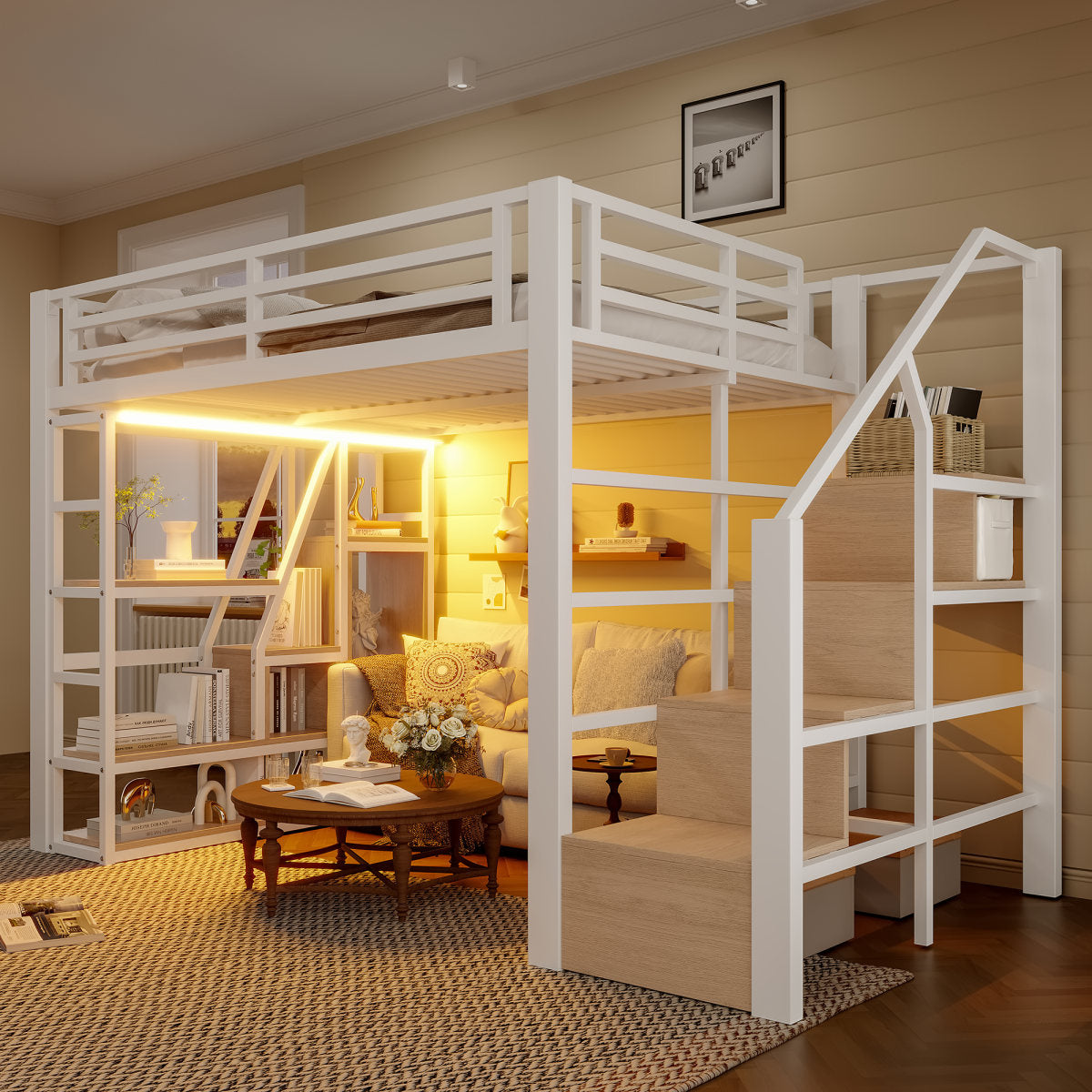 Loft Bed, 140 X 200 Cm, Iron Frame, Storage Compartment, Integrated Steps, Safety Railing, Ladder, With LED Light Strip, Open Storage Space Under The Bed, Mattress Not Included, White