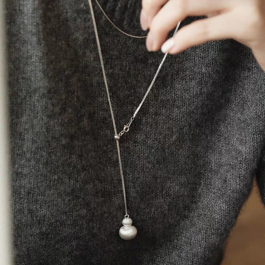 1pc 999 Sterling Silver Brushed Adjustable Gourd Pendant Necklace, Minimalist Chinese Style, Perfect For Daily Wear & Valentine's Gifts