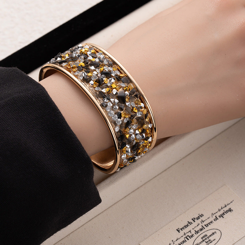 Cross-border European And American Style Color Gravel Wide-sided Open Bracelet Burst Flash Encrusted Diamond Bracelet Men's And Women's Personality Fashion Cool Hand Jewelry
