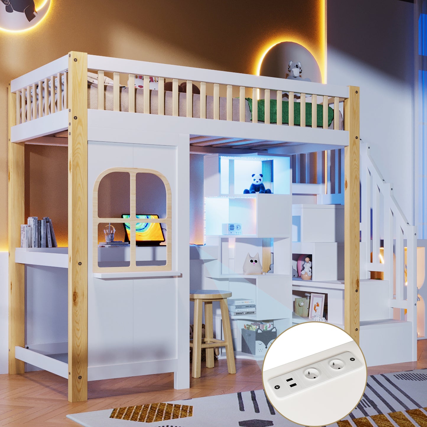 Loft Bed, 90x200cm, With LED Lights, Window Shape, Storage Ladder, Open Storage Compartment, Desk, Socket, Without Mattress, White Natural