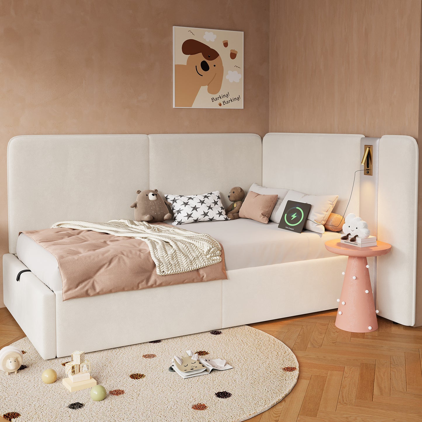 Daybed,  3FT Single Bed 90x190cm, L-shaped Upholstered With Storage, Sofa Bed, Hydraulic Bed With USB Charging Port And Reading Lamp, Velvet, Beige