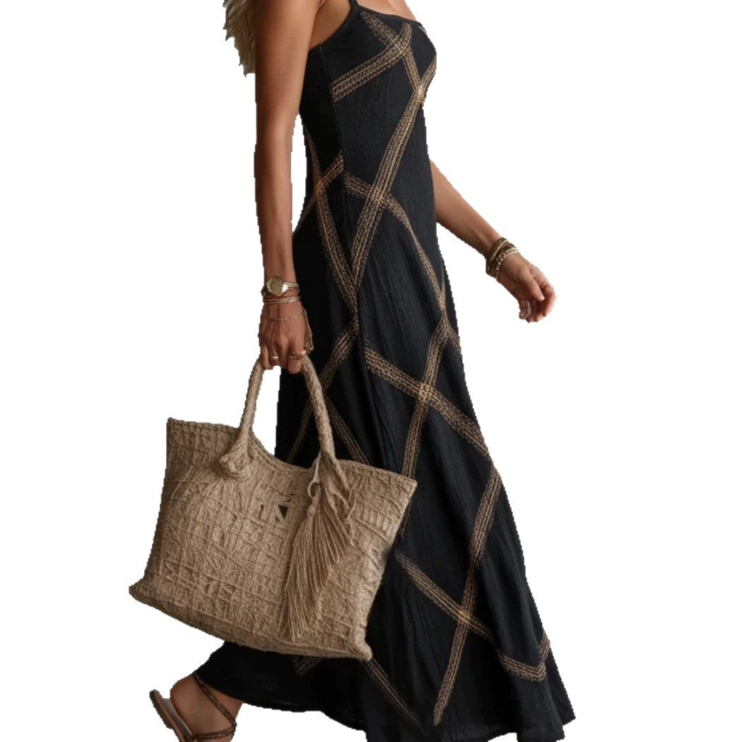 New Arrival Printe  Striped And Solid-color Strap Dress