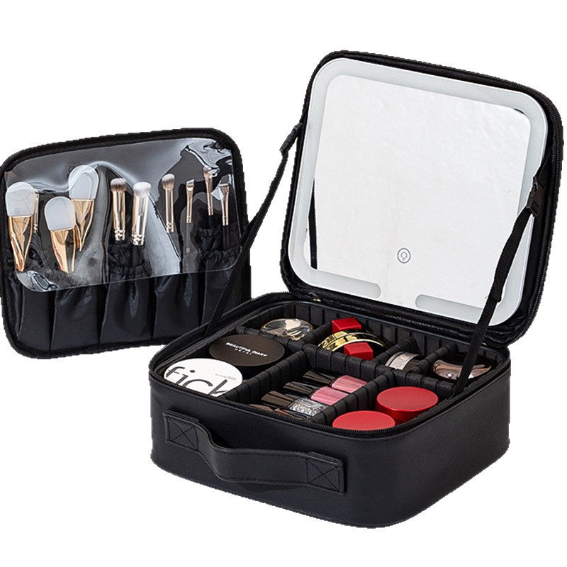 Makeup Bag With Mirror And Light Rechargeable PU Leather Travel Storage Box