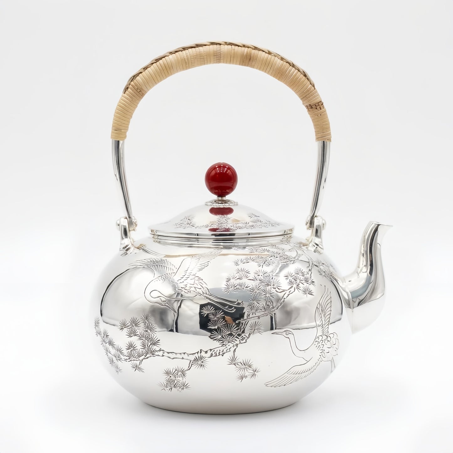 925 Sterling Silver Elegant Silver Tea Kettle Featuring Crane Engravings and Woven Bamboo Handle - Handicraft