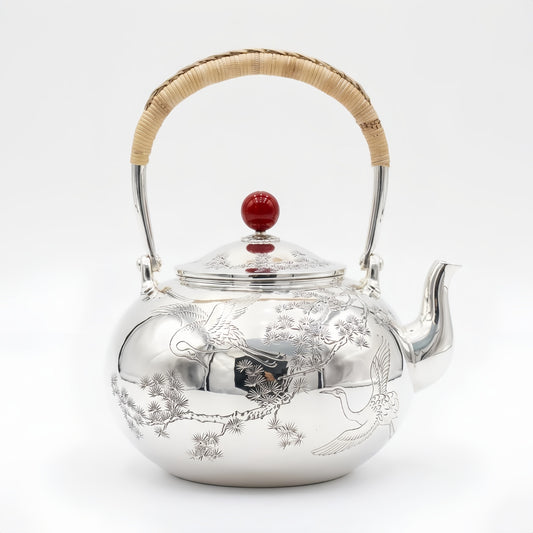 925 Sterling Silver Elegant Silver Tea Kettle Featuring Crane Engravings and Woven Bamboo Handle - Handicraft