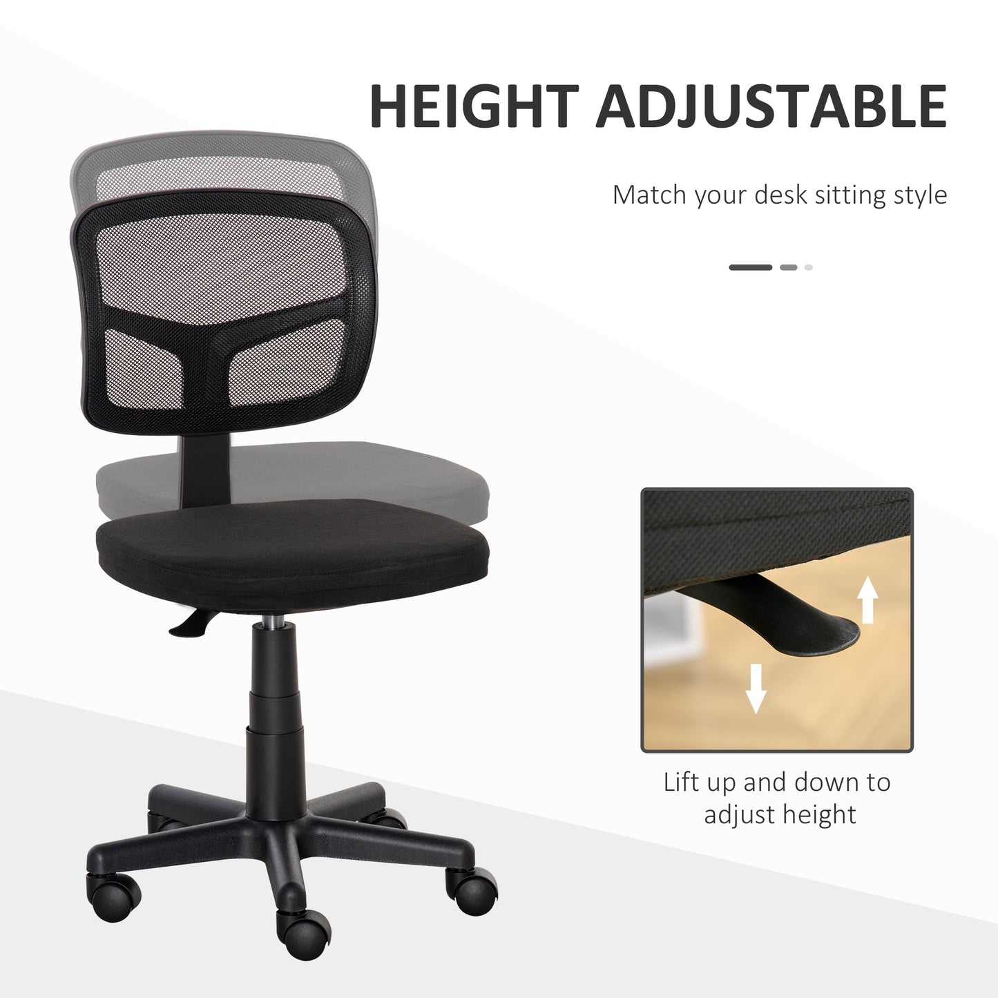Vinsetto Small Office Chair Without Arms, Ergonomic Swivel Mesh Desk Chair With Curved Back And Wheels, Height Adjustable, For Home Vanity Computer Dressing Table Study Bedroom, Holds Up To 120 Kg