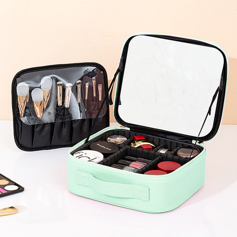 Makeup Bag With Mirror And Light Rechargeable PU Leather Travel Storage Box