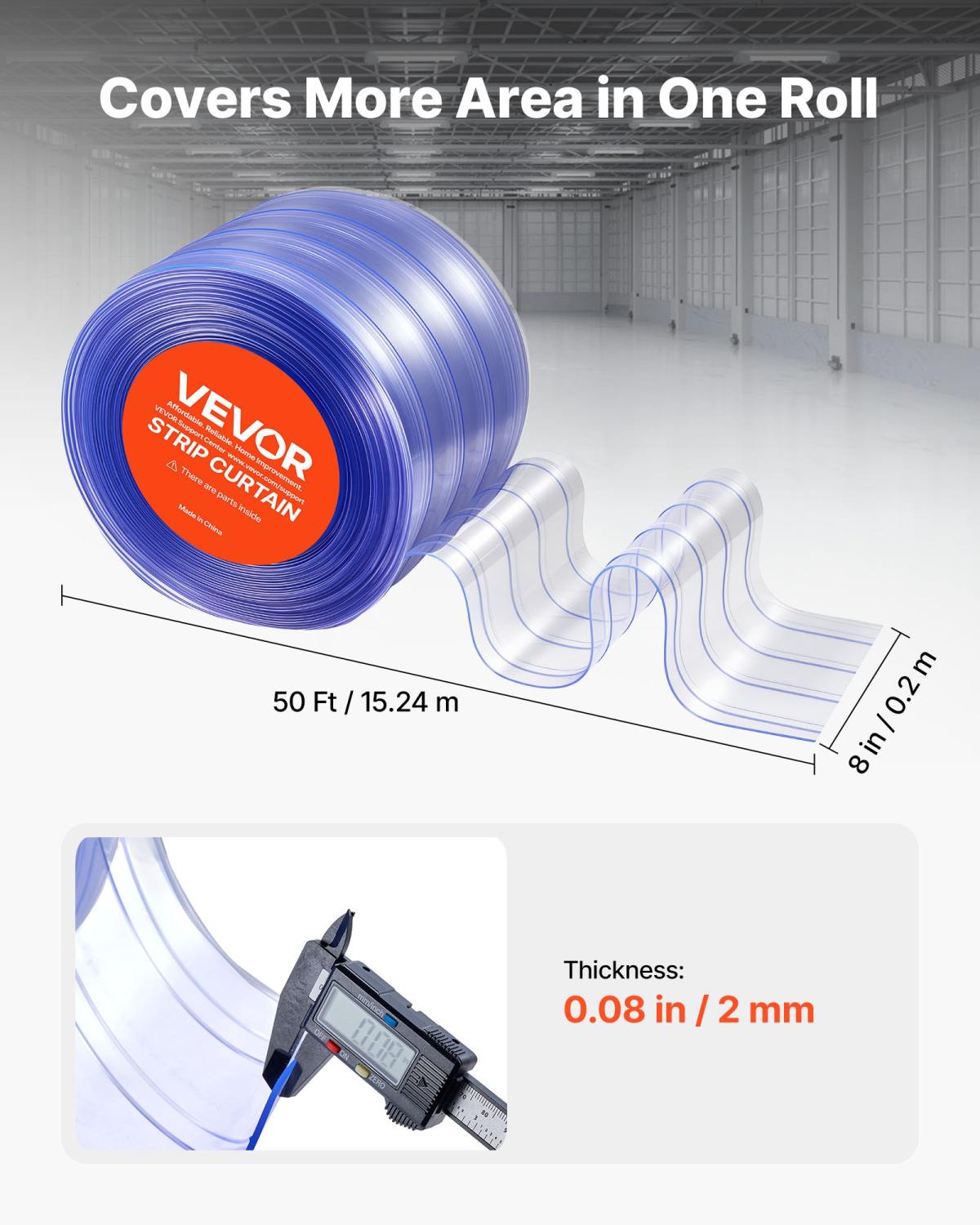 Clear PVC Strip Curtain, 50 Ft Length X 8 In Width, Ribbed Plastic Door Strip Bulk Roll, Walk In Freezer Cooler Curtain Strips For Doorways Of Supermarket, Garage, Warehouse, Pet Animal House