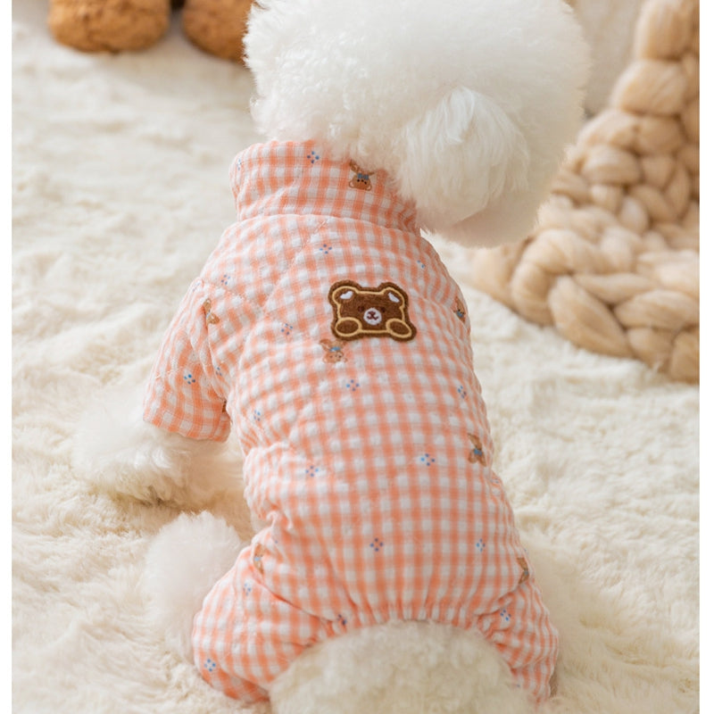 Cute Korean Cartoon Checkerboard Pattern Bear Full-printed Four-legged Cotton Coat For Dogs In Autumn And Winter, Teddy Pet Clothes For Cats