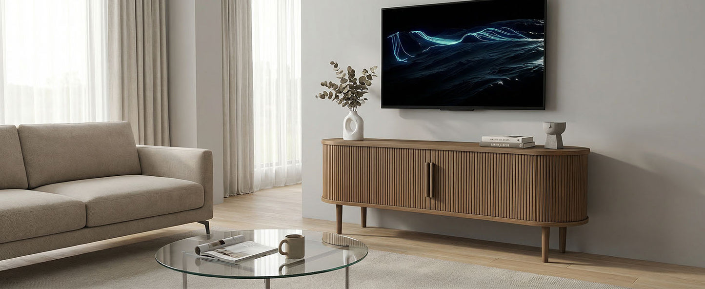 63in Fluted TV Stand Modern Media Console Table Entertainment Center With Sliding Door And Solid Wood Legs For Living Room Bedroom Office