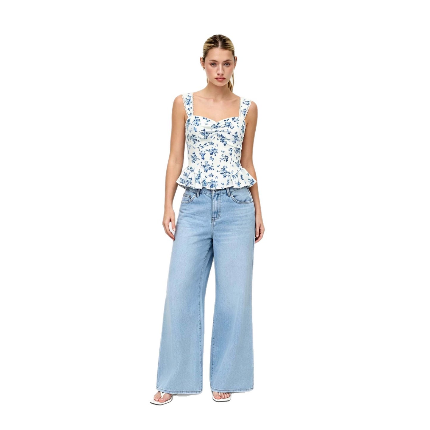 Summer New White-base Top With Blue Floral Print Strapless Style