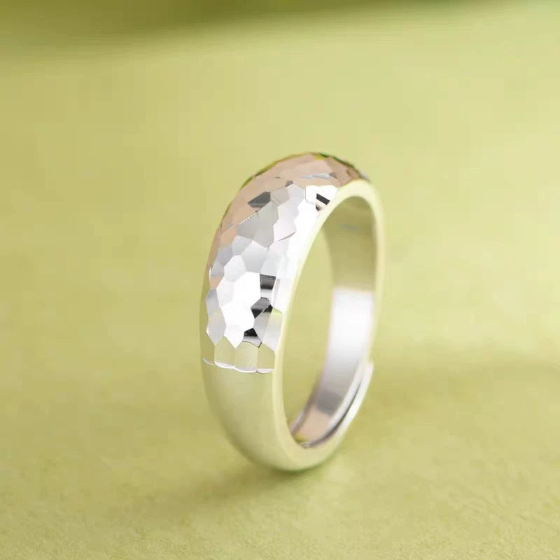 1pc 999 Sterling Silver Hammered Faceted Open Ring, Minimalist & Shiny Style, Perfect For Daily, Dating & Gifting, Ideal Valentine's Gift