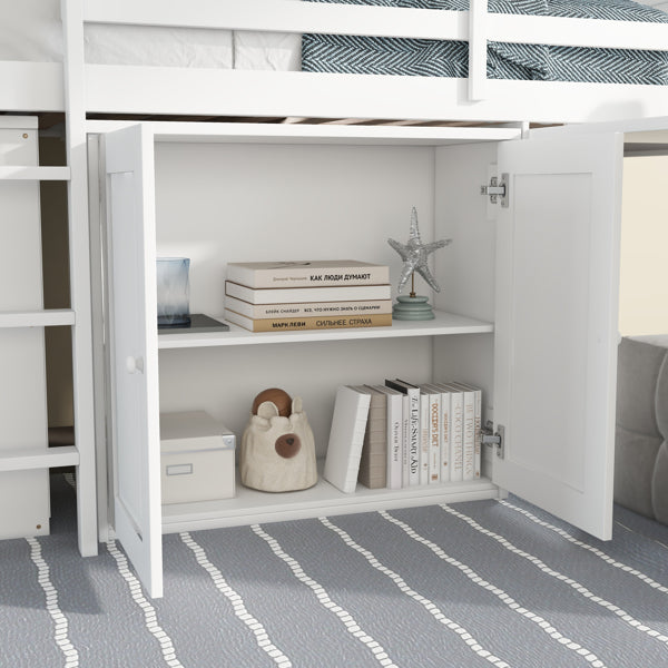 Twin Loft Bed With Storage Cabinet, Drawer And Shelf Cabinet And Pulling-Out Desk, Rubber Wood Loft Bed With Safety Guardrail, Ladder,White