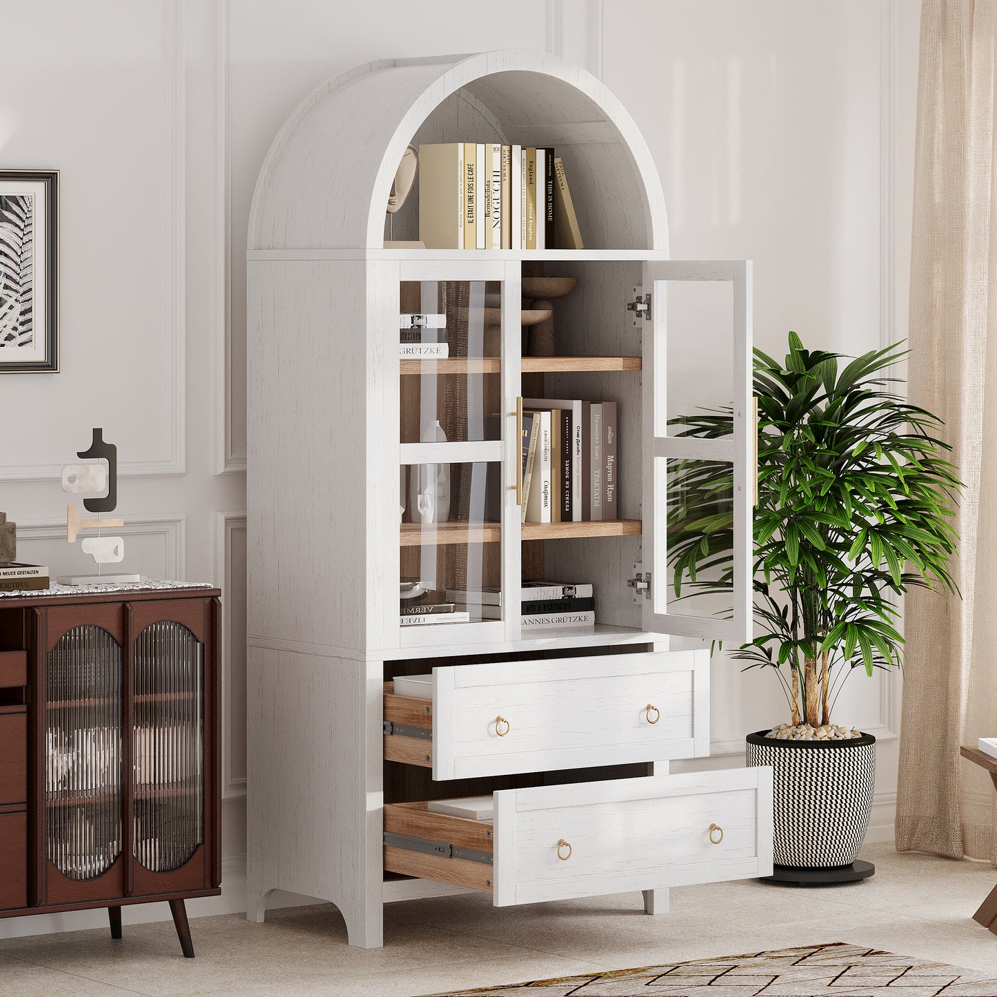 K&K 71  Tall Arched Kitchen Pantry Cabinet With 2 Large Drawers, Modern Farmhouse Kitchen Storage Cabinets With Adjustable Shelves, Glass Door, Wood Versatile Cupboard For Kitchens, Dining Room, White