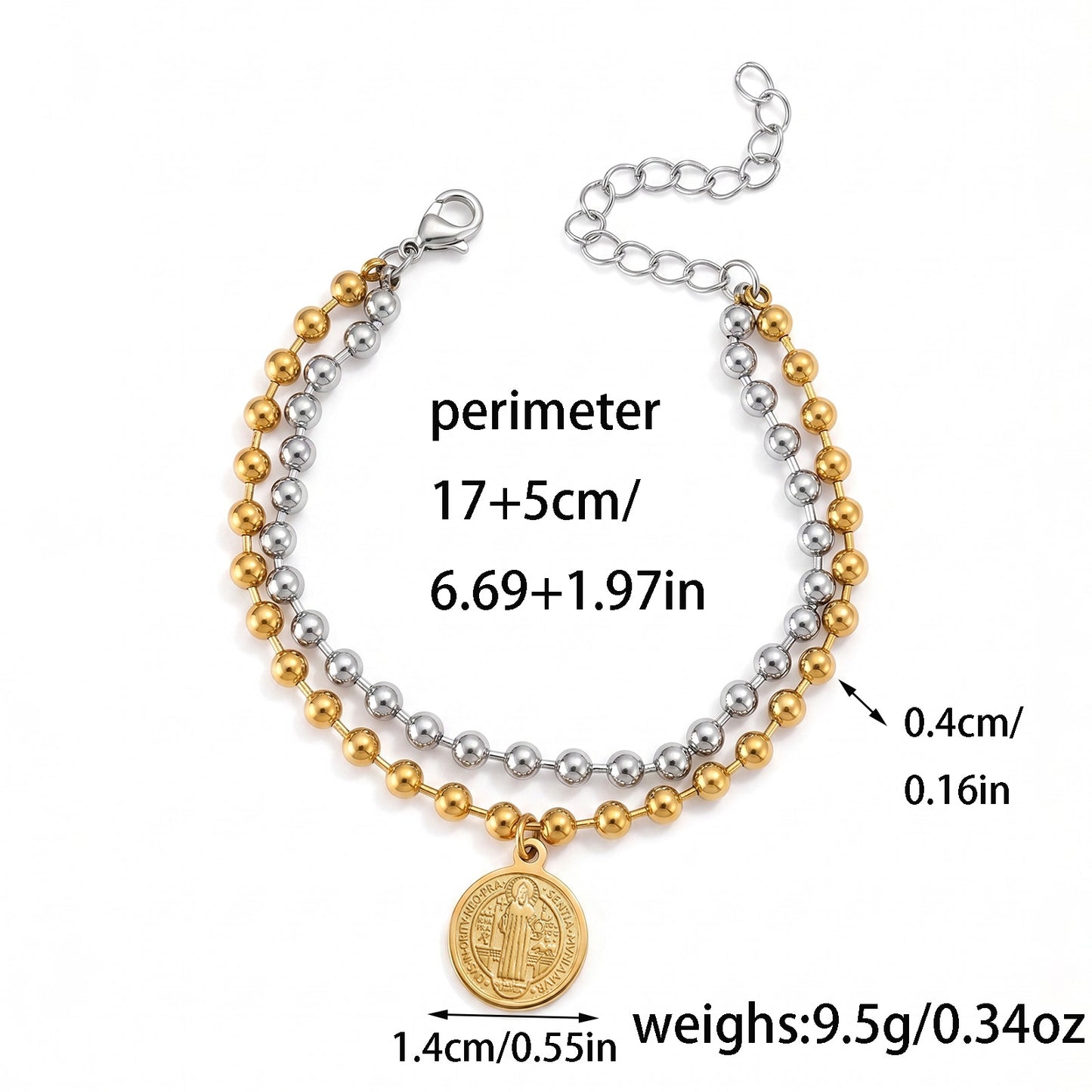 Double Layer St Benedict Bracelet Gold Silver Two Tone Stainless Steel Ball Bead Chain San Benito Medal Protection Charm Catholic Jewelry Religious Gifts For Her