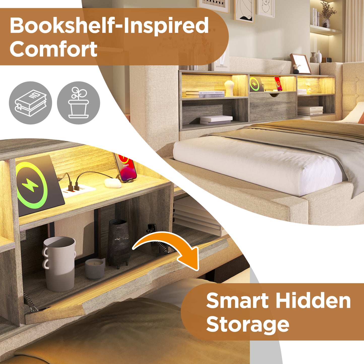 Daybed Upholstered Bed 90 X 190 Cm, 3FT Single Sofa Bed With Hydraulic Storage, USB &Type-C Charging Station, Single Bed For Living Room And Bedroom, Linen, Beige  No Mattress