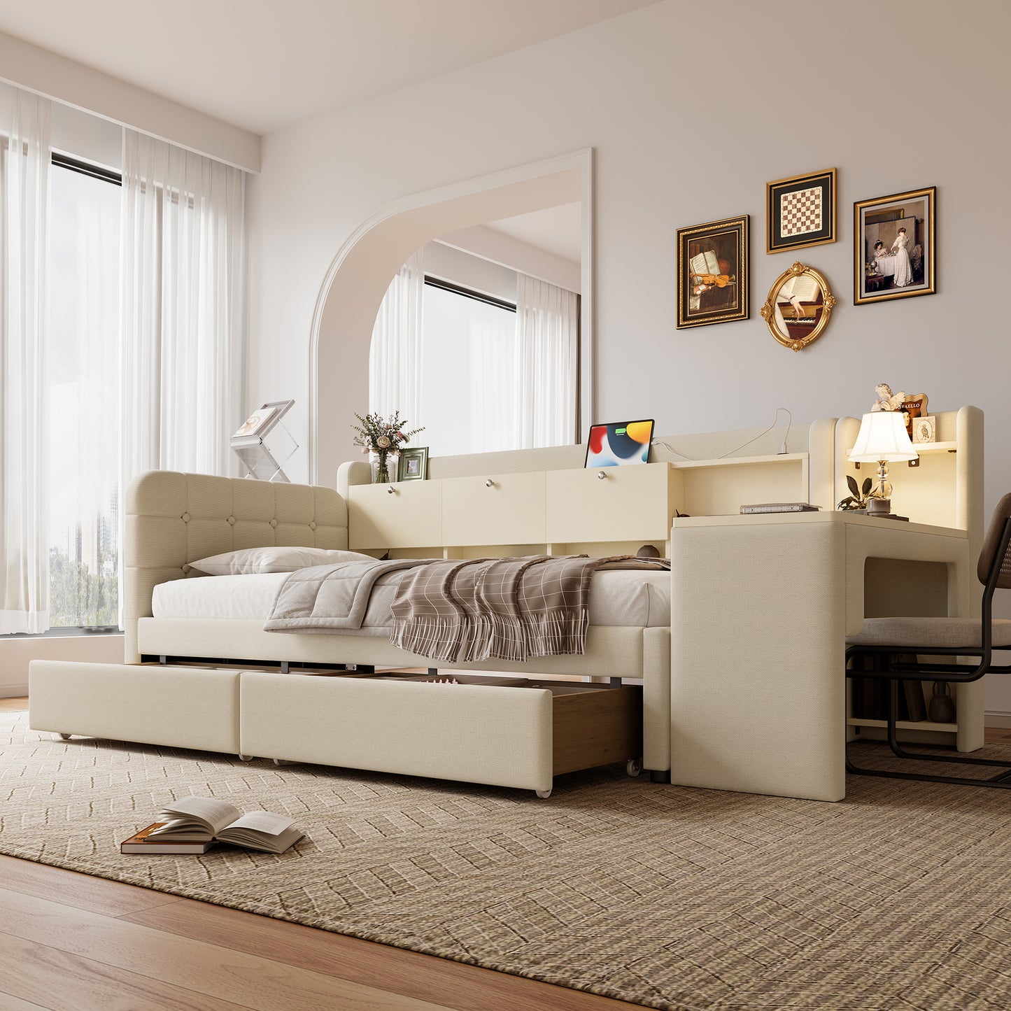 Daybed, Daybed, Sofa Bed, With 2 Drawers, Desk, USB  Type C, Flip-top Storage Compartment, Storage Compartment, Bed With Slatted Base Without Mattress, Linen, Beige