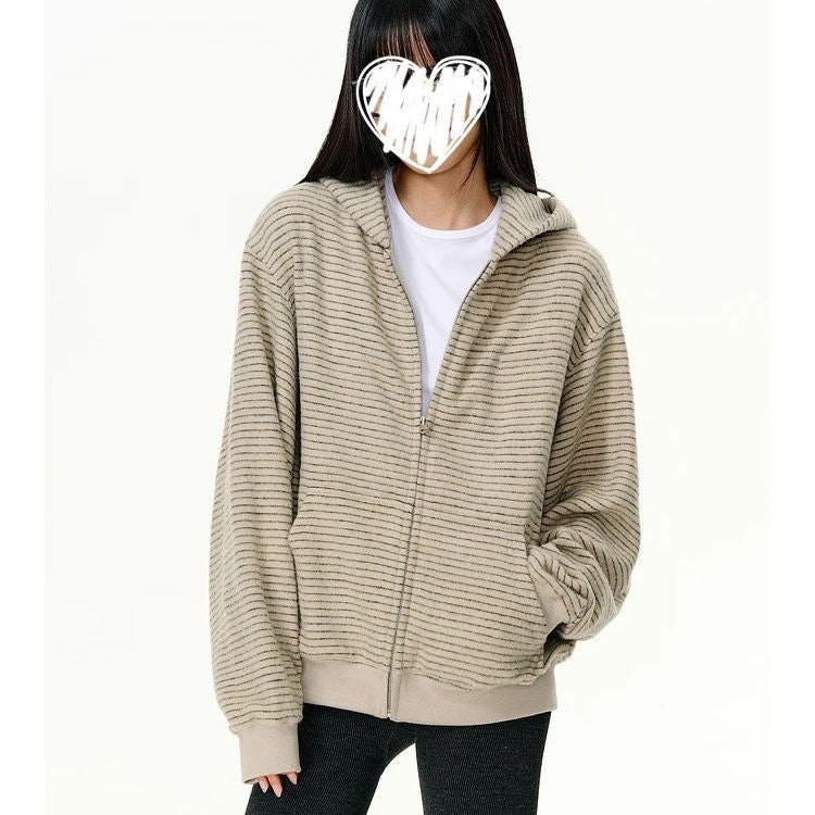 Korean Striped Hooded Cardigan Sweater Women's Loose Slimming