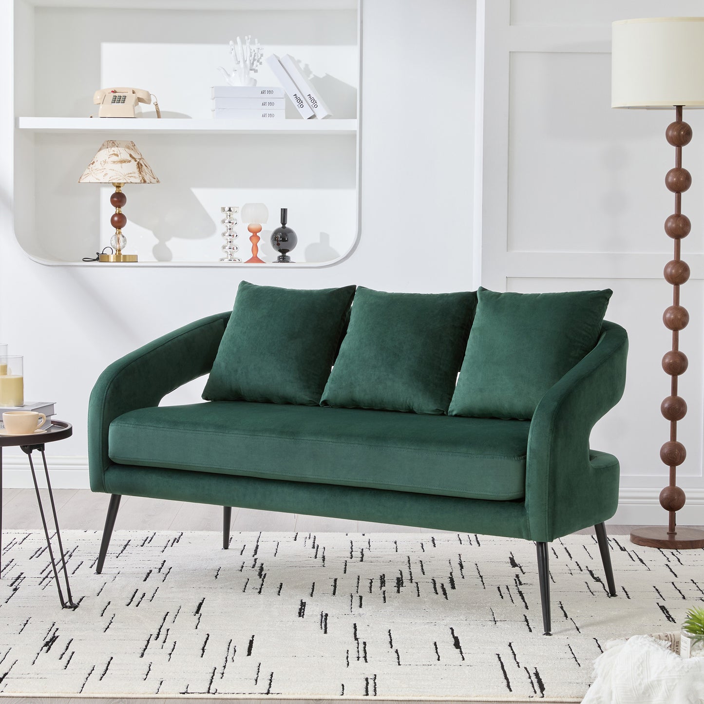 53.7 Modern Upholstered Velvet Open Back Loveseat Settee With 3 Pillows, Small Comfy Sofa 2-Seater Mini Sofa For Small Space With Metal Legs, Living Room Bedroom Office Dorm Studio Apartment, Green