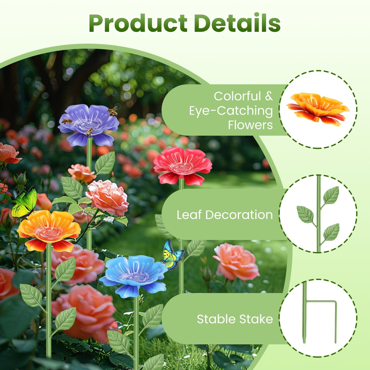 6Pack Metal Bee Watering Stations, Anti-Drowning Bee Butterfly Feeders Pollinator Stakes With Artificial Flowers For Outdoor Garden Courtyard Decor