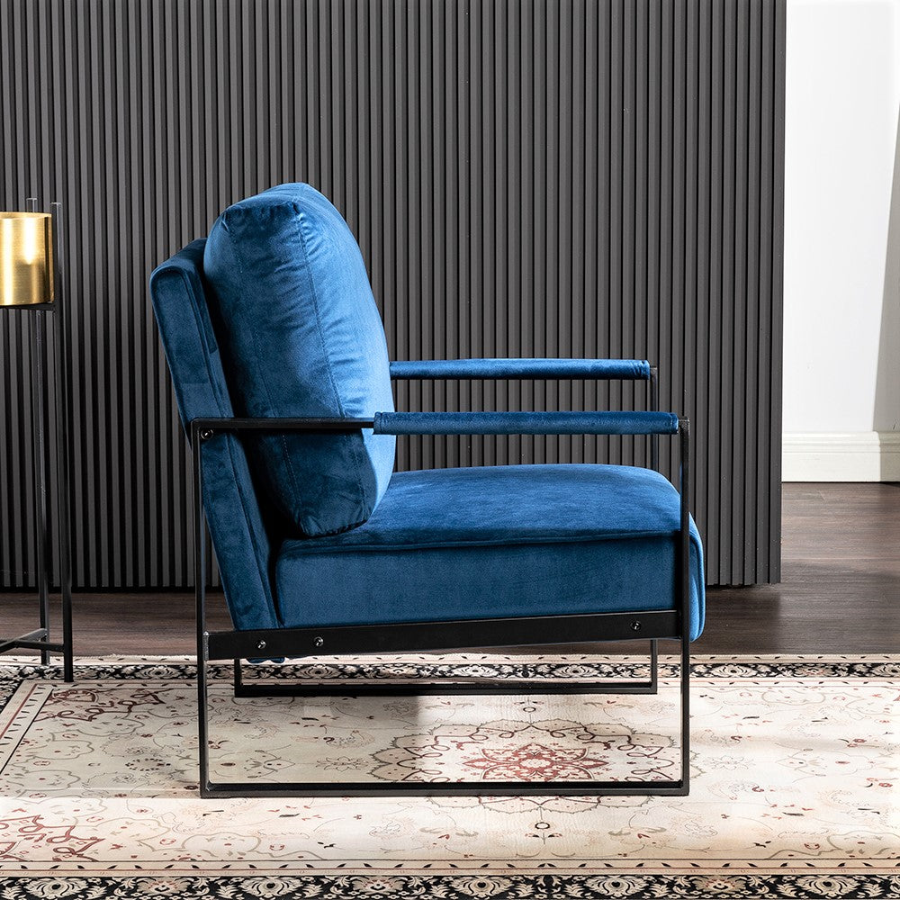 Classic Mid Century Modern Accent Chair With Durable Square Metal Frame, Armchair For Living Room, Bedroom, Home Office In Plush Velvet Upholstery, Blue