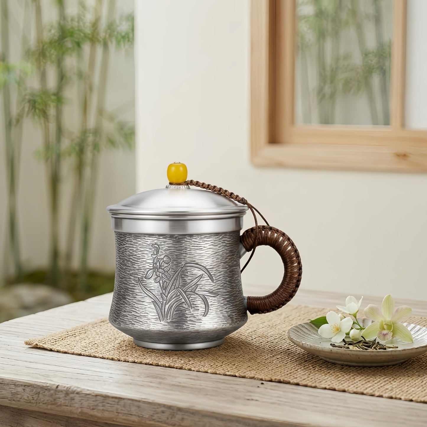 925 Sterling Silver Handcrafted  Teacup with Woven Handle and Elegant Orchid Design-Premium Tea Mug - Handicraft