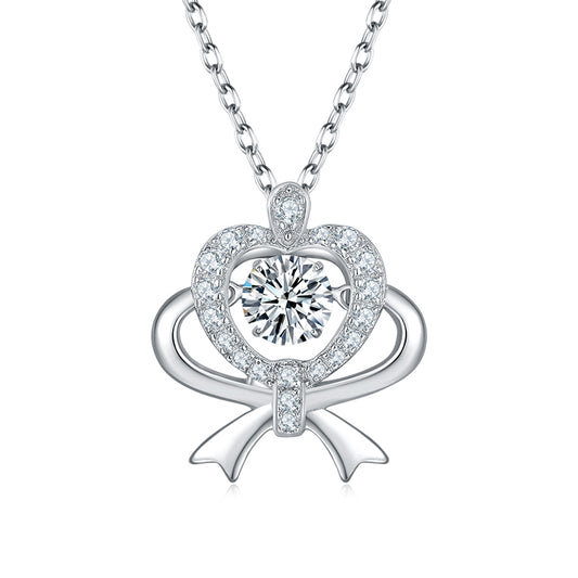 S925 Sterling Silver 0.5ct D Color VVS1 Moissanite Heart Bow Pendant Necklace 45cm Platinum Plated GRA Certified Gift Box
