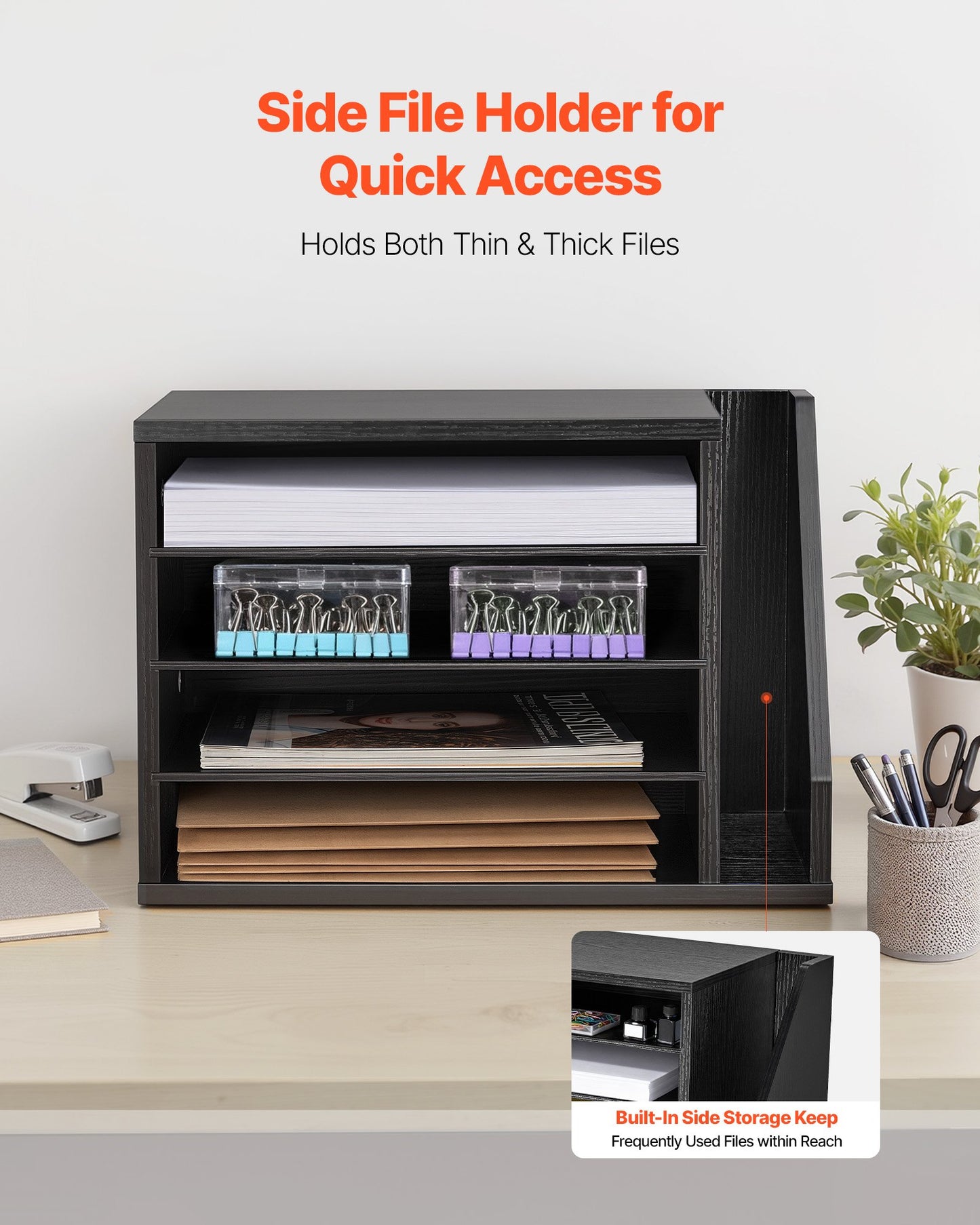 Literature Organizer, 4 Compartments Office Mailbox With Detachable Shelves, Wooden Mailbox Sorter With Side Vertical Storage, Countertop Office Home Organizer For File, Document, Paper, Black